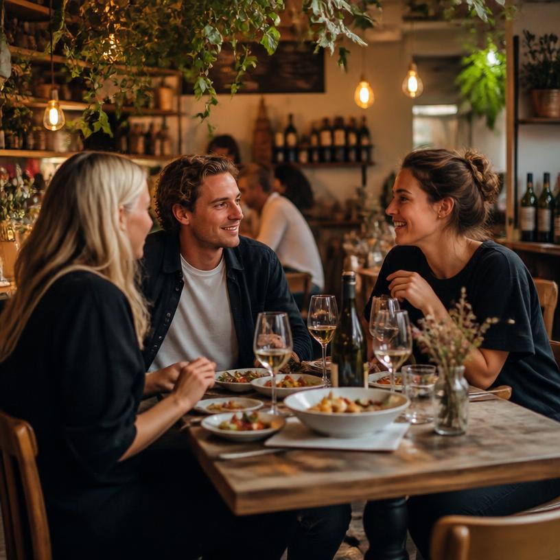 Friends enjoying food and drinks together