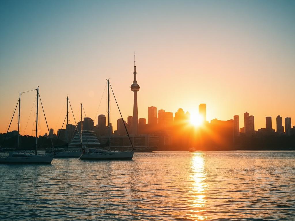 Auckland harbour and skyline in warm evening light